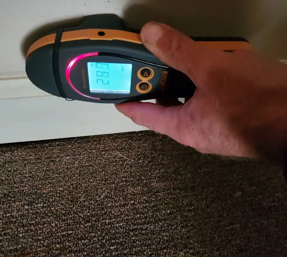Moisture detection at baseboard during Storm Damage Restoration in Shasta Lake
